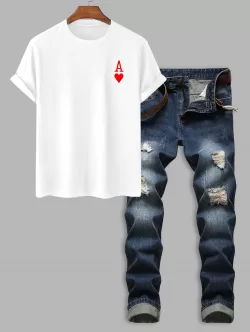 Playing Card Heart A Cotton T-shirt With Ripped Jeans Two Piece Set