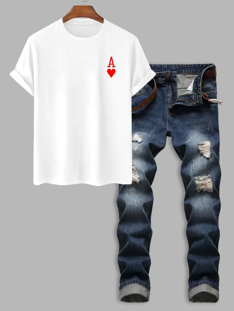 Playing Card Heart A Cotton T-shirt With Ripped Jeans Two Piece Set