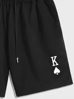 Playing Card Pattern Drawstring Sports Shorts