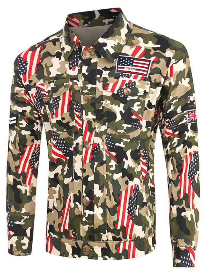 Plus Size Star And Stripe Print Turn-down Collar Long Sleeve Camouflage Cargo Jacket