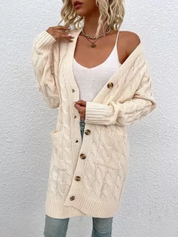 Pockets Button Up Cable Knit Cardigan