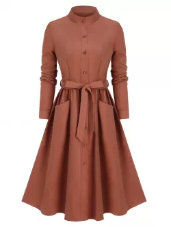 Pockets Self Tie Stand Collar Shirt Dress