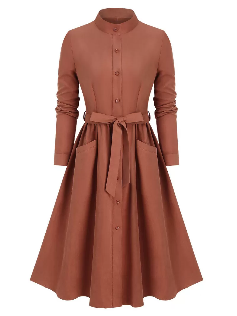 Pockets Self Tie Stand Collar Shirt Dress