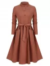Pockets Self Tie Stand Collar Shirt Dress