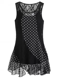 Polka Dot Asymmetrical Sleeveless Lace Blouse