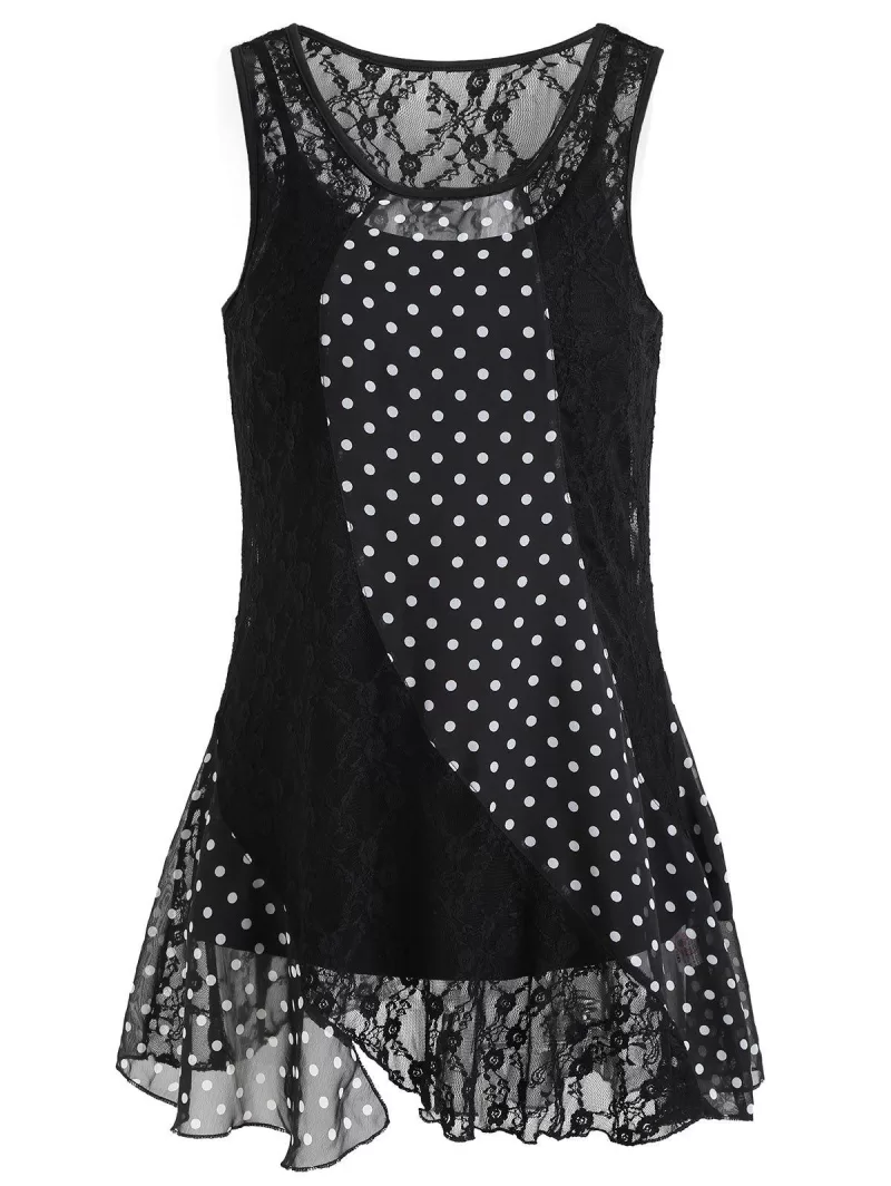 Polka Dot Asymmetrical Sleeveless Lace Blouse