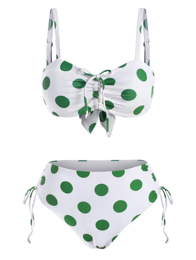 Polka Dot Cinched Ruched Full Coverage Bikini Swimwear