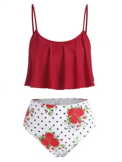 Polka Dot Floral Mix And Match Flounce Tankini Swimwear