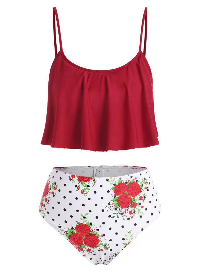 Polka Dot Floral Mix And Match Flounce Tankini Swimwear
