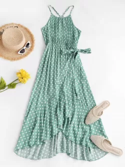 Polka Dot Ruffles Tie Waist Midi Dress