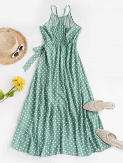 Polka Dot Ruffles Tie Waist Midi Dress