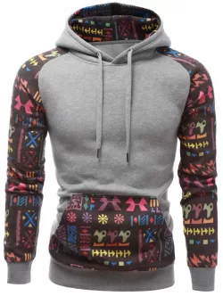 Printed Kangaroo Pocket Raglan Sleeve Drawstring Hoodie