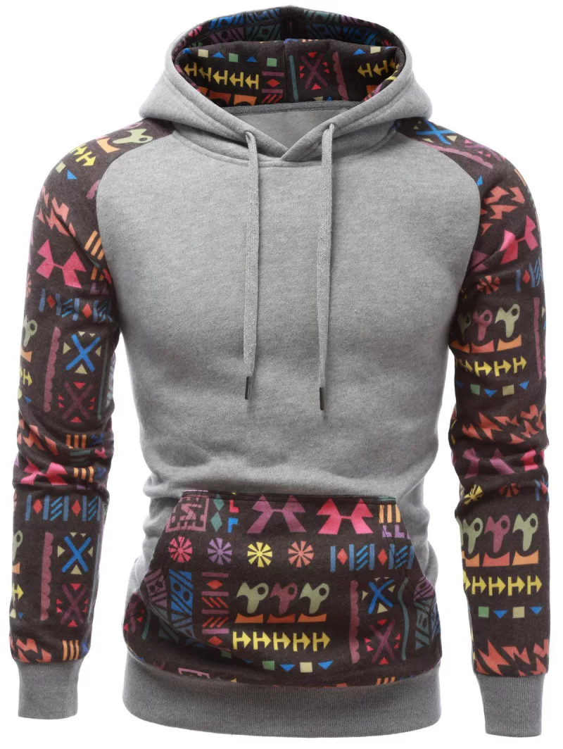 Printed Kangaroo Pocket Raglan Sleeve Drawstring Hoodie