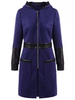 Pu Leather Panel Zipper Hooded Coat