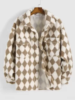Rhombus Pattern Fluffy Faux Shearling Shacket