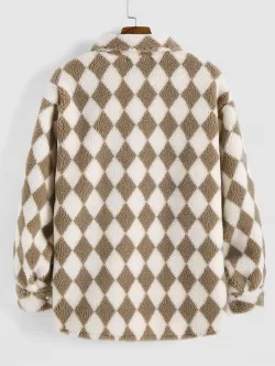 Rhombus Pattern Fluffy Faux Shearling Shacket