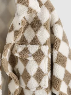 Rhombus Pattern Fluffy Faux Shearling Shacket