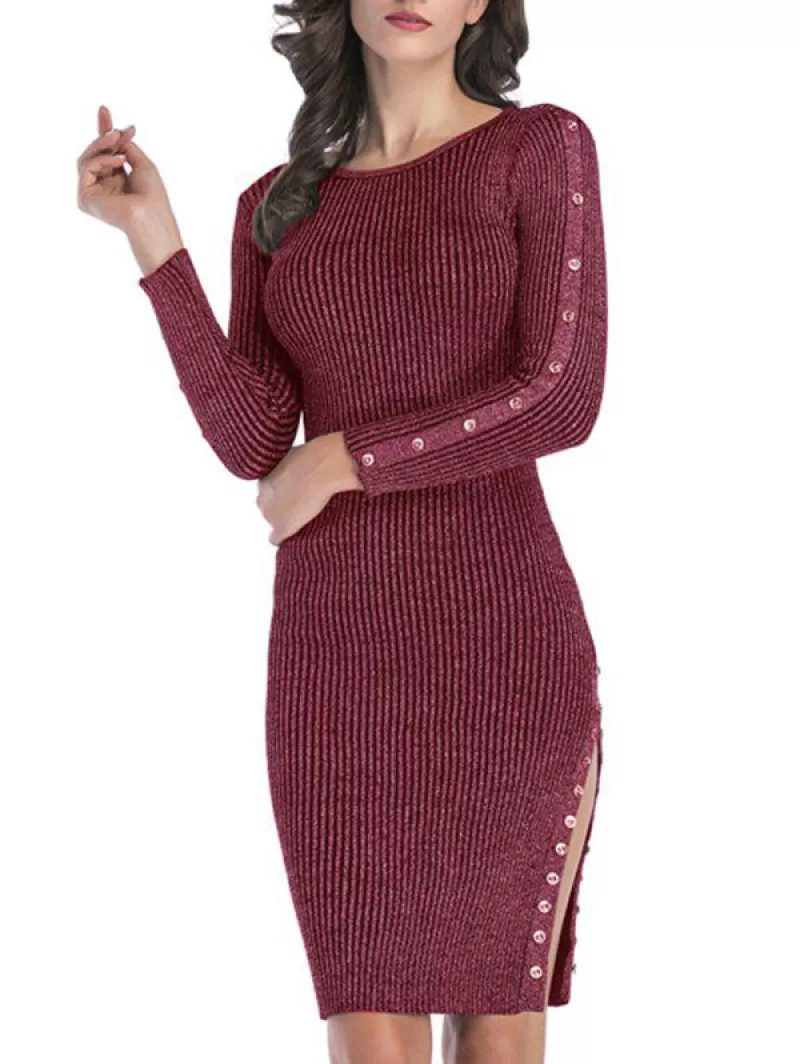 Rib Knit Mock Button Slit Metallic Thread Dress