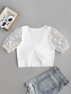 Ribbed Knotted Floral Mesh Sleeve Tee