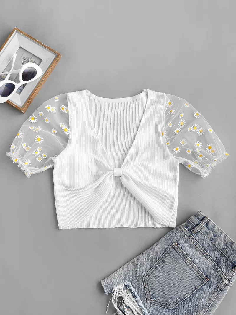 Ribbed Knotted Floral Mesh Sleeve Tee