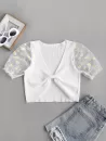 Ribbed Knotted Floral Mesh Sleeve Tee