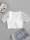 Ribbed Knotted Floral Mesh Sleeve Tee