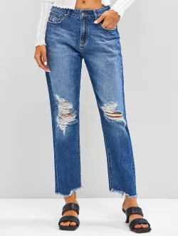 Ripped Distressed Frayed Zipper Fly Jeans