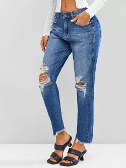 Ripped Distressed Frayed Zipper Fly Jeans