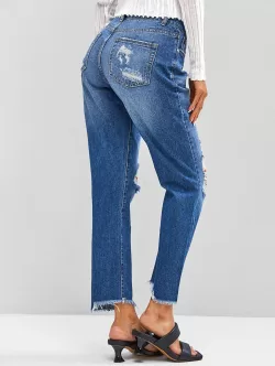 Ripped Distressed Frayed Zipper Fly Jeans