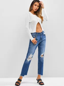 Ripped Distressed Frayed Zipper Fly Jeans