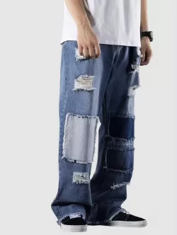 Ripped Patchwork Straight Leg Jeans