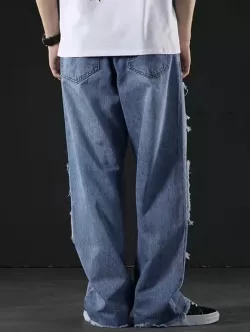 Ripped Patchwork Straight Leg Jeans