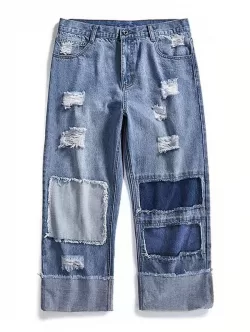 Ripped Patchwork Straight Leg Jeans
