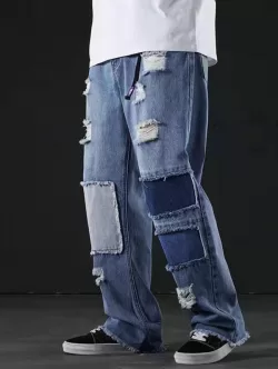 Ripped Patchwork Straight Leg Jeans