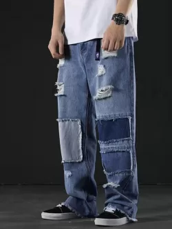 Ripped Patchwork Straight Leg Jeans