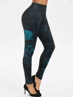 Rose Skull Print High Rise Skinny Halloween Leggings