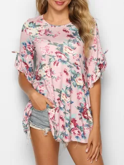 Ruffle Cuff Floral Print T Shirt