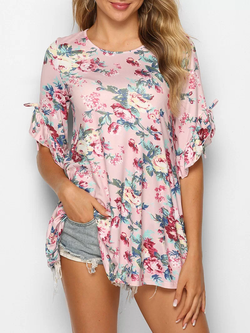 Ruffle Cuff Floral Print T Shirt