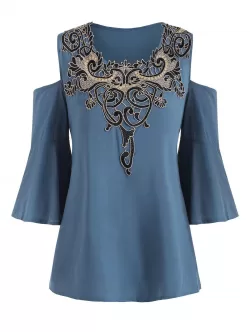 Scoop Applique Open Shoulder Blouse
