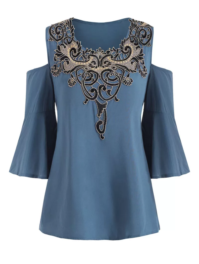 Scoop Applique Open Shoulder Blouse