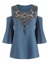 Scoop Applique Open Shoulder Blouse
