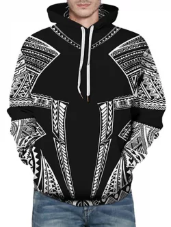Seamless Tribal Pattern Front Pocket Drawstring Hoodie