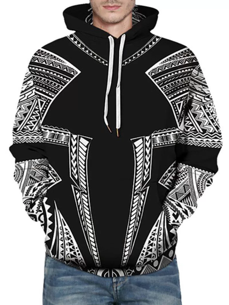 Seamless Tribal Pattern Front Pocket Drawstring Hoodie