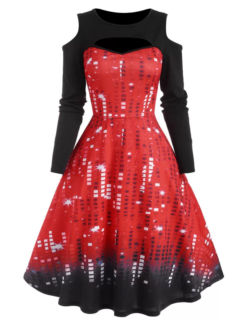 Sequin Print Cutout Cold Shoulder Dress
