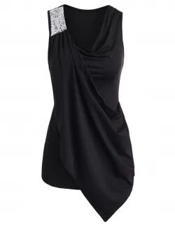 Sequined Cowl Neck Asymmetrical Tank Top