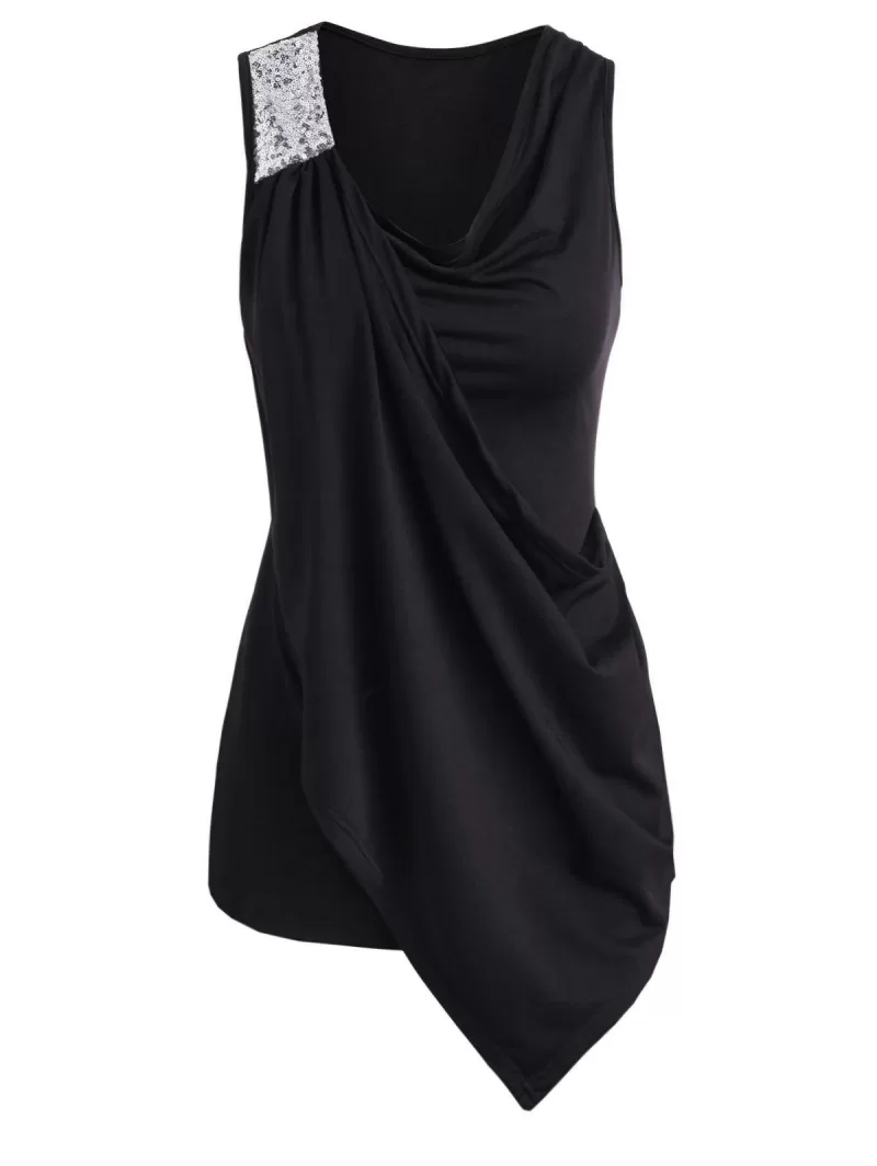Sequined Cowl Neck Asymmetrical Tank Top