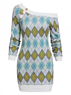 Skew Neck Argyle Bodycon Sweater Dress