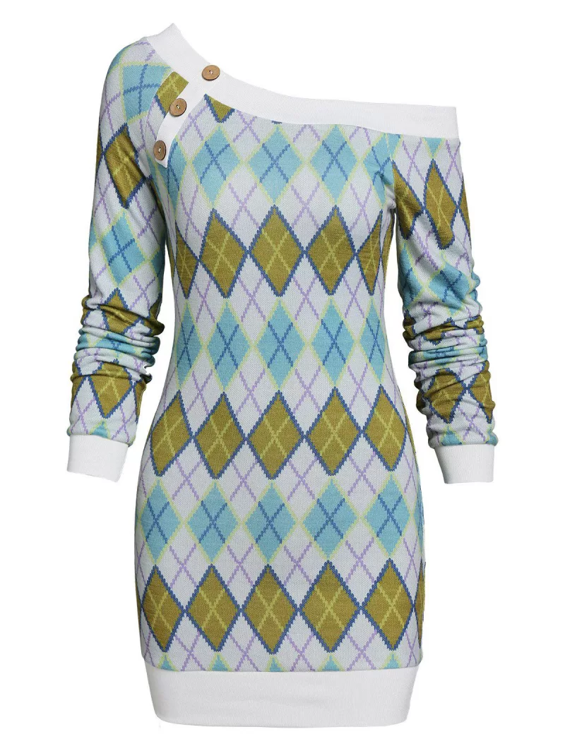 Skew Neck Argyle Bodycon Sweater Dress