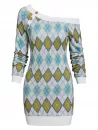 Skew Neck Argyle Bodycon Sweater Dress
