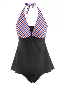 Skirted Halter Mixed Stripes Panel Tankini Swimwear